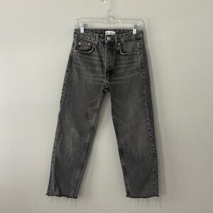 Zara ButtonFly Distressed High Waist Size 2 Raw Hem Stone Wash Straight Trendy